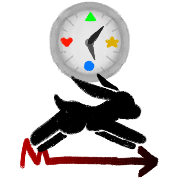 At the top is a grey clock simplified with shapes instead of numbers, at the bottom is a red and black zig zag arrow pointing right, in-between the clock and arrow is a black outline of a hare running. There is an additional white outline around everything.